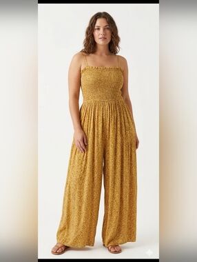 Arula Mustard Yellow Orange Smocked Wide-Leg Jumpsuit XL 12